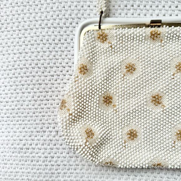 Vintage Corde Bead Bridal Snowflake Winter White Gold Clasp Top Handle Bag - Picture 3 of 13